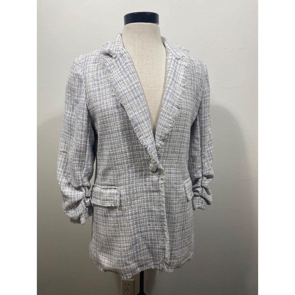 Maison d'Amélie Paris Blazer Size 6‎ Blue White Tweed Frayed Ruched Sleeve Chic